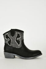 Textured Silver Leatherette Cowboy Boots In Black-Fabulous Bargains Galore