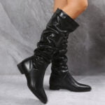 Faux leather ruched knee high boots - Black-Fabulous Bargains Galore