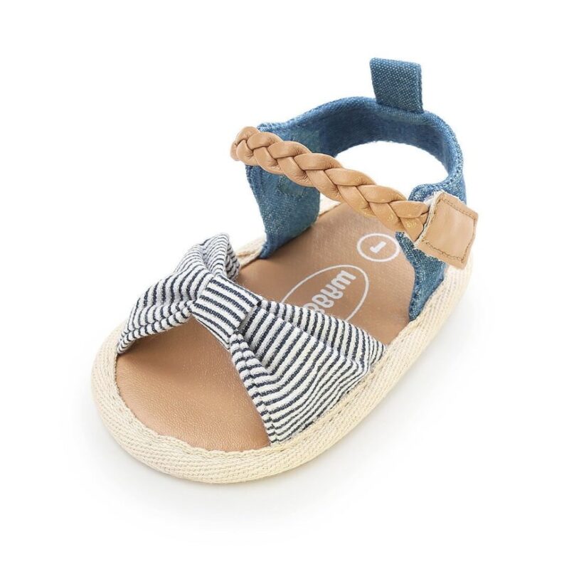 Baby girls sandals with blue and white striped bow, braided ankle strap and soft sole
