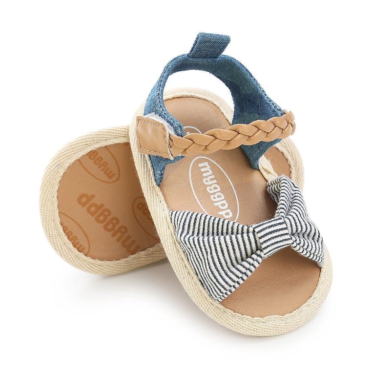 Baby girls striped bow sandals with woven sole edge and braided ankle fastening