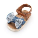 Baby girls denim blue sandals with lace bow, braided ankle strap and open toe design
