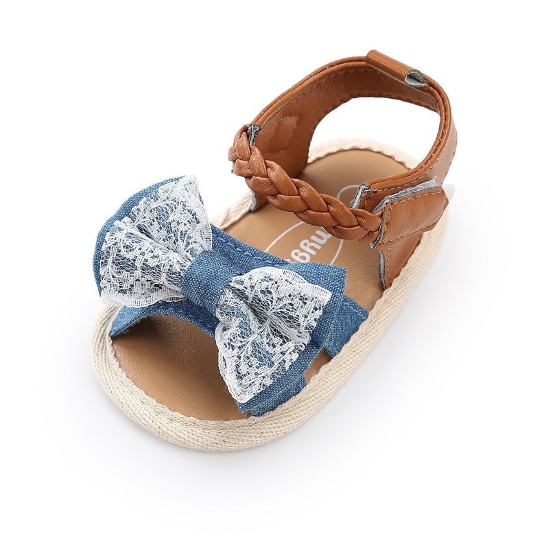 Baby girls denim blue sandals with lace bow, braided ankle strap and open toe design