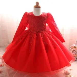 Baby girl long sleeve lace tulle dress - red1
