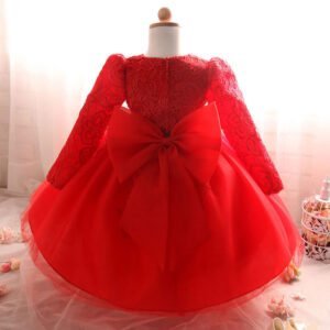 Baby girl long sleeve lace tulle dress - red2