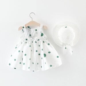 Baby girl white cotton dress - green