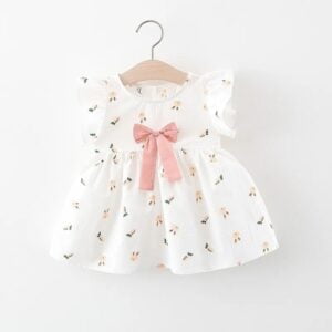 Baby girl white printed cotton dress - Pink (4)