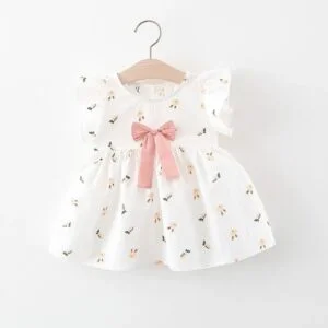 Baby girl white printed cotton dress - Pink (4)