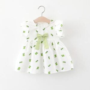 Baby girl white printed cotton dress - green