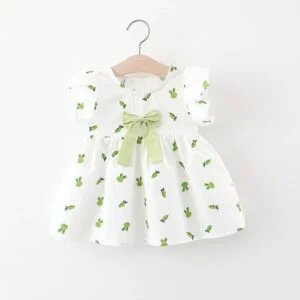 Baby girl white printed cotton dress - green