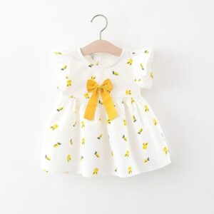 Baby girl white printed cotton dress - yellow