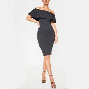 Bardot frill hem midi dress - Black-Fabulous Bargains Galore