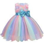 Birthday girl rainbow tulle dress with blue sequin bow