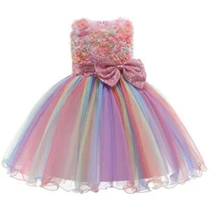 Birthday girl rainbow tulle dress with pink sequin bow (1)