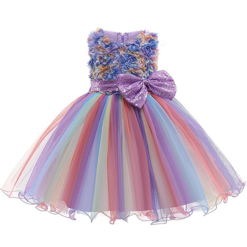 Birthday girl rainbow tulle dress with purple sequin bow (1)