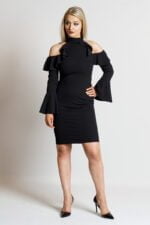 Black Choker Frill Overlay 3/4 Sleeves Womens Dress-Fabulous Bargains Galore
