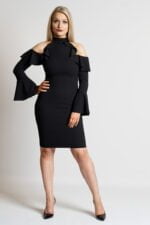 Black Choker Frill Overlay 3/4 Sleeves Womens Dress-Fabulous Bargains Galore