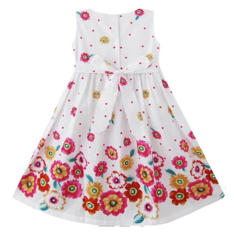 girls white floral summer dress with colorful flower print and sleeveless design