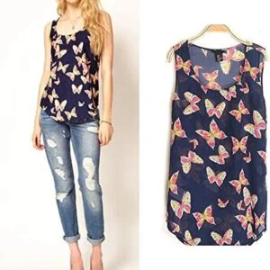 Butterfly print chiffon top - Navy1