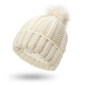 Cable knit beanie with faux fur pom - Beige