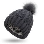 Cable knit beanie with faux fur pom - Black-Fabulous Bargains Galore