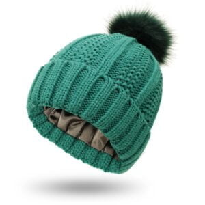 Cable knit beanie with faux fur pom - Green-Fabulous Bargains Galore