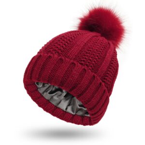 Cable knit beanie with faux fur pom - Red-Fabulous Bargains Galore