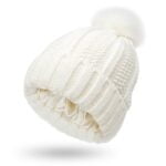 Cable knit beanie with faux fur pom - White-Fabulous Bargains Galore