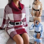 Cowl neck plaid knitted jumper dress (3)