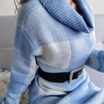 Cowl neck plaid knitted jumper dress-blue-white (1)