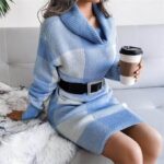 Cowl neck plaid knitted jumper dress-blue-white (3)