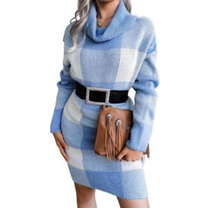 Cowl neck plaid knitted jumper dress-blue-white (4)