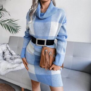 Cowl neck plaid knitted jumper dress-blue-white (5)