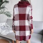 Cowl neck plaid knitted jumper dress-dark-red-white (1)