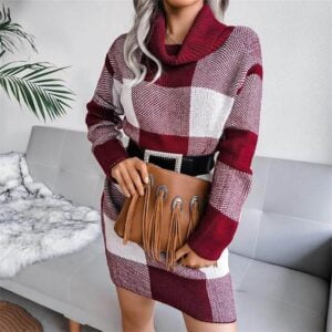 Cowl neck plaid knitted jumper dress-dark-red-white (2)