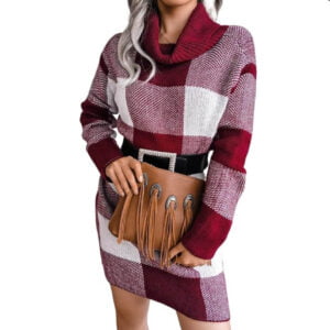 Cowl neck plaid knitted jumper dress-dark-red-white (3)