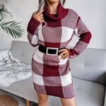 Cowl neck plaid knitted jumper dress-dark-red-white (4)