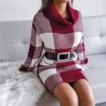 Cowl neck plaid knitted jumper dress-dark-red-white (5)