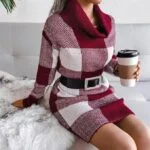 Cowl neck plaid knitted jumper dress-dark-red-white (6)