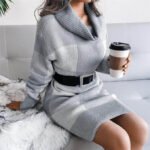 Cowl neck plaid knitted jumper dress-grey-white (2)