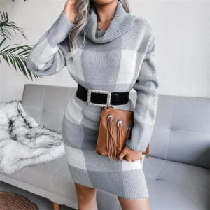 Cowl neck plaid knitted jumper dress-grey-white (3)