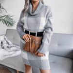 Cowl neck plaid knitted jumper dress-grey-white (4)