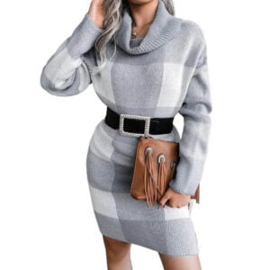 Cowl neck plaid knitted jumper dress-grey-white (5)