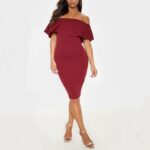 Elara Bardot Frill Hem Midi Dress - burgundy (1) Burgundy bardot midi dress with off shoulder frill detail and elegant bodycon fit