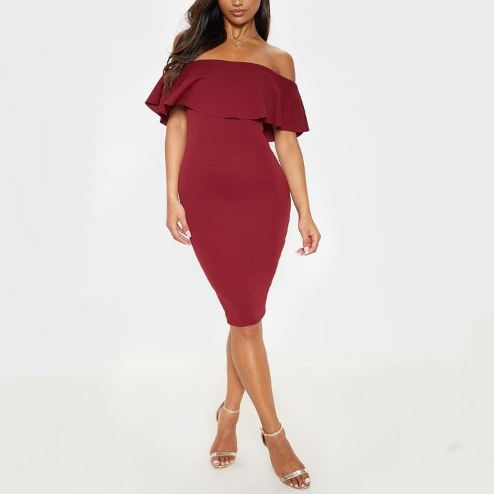 Burgundy bardot midi dress with off shoulder frill detail and elegant bodycon fit