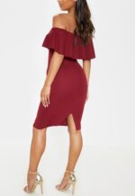 Elara Bardot Frill Hem Midi Dress - burgundy (2) back view of burgundy bardot frill midi dress with off shoulder design and flattering bodycon fit