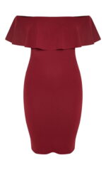 Elara Bardot Frill Hem Midi Dress - burgundy (3) burgundy bardot frill midi dress close up showing off shoulder neckline and structured ruffle detail