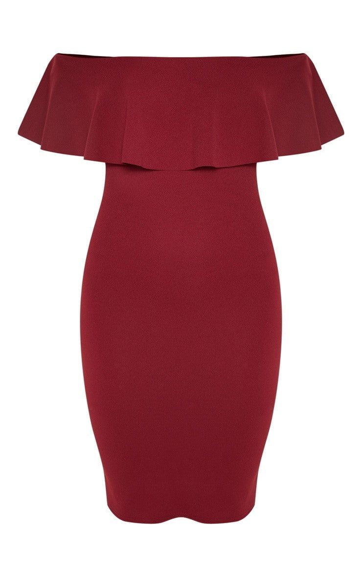 burgundy bardot frill midi dress close up showing off shoulder neckline and structured ruffle detail