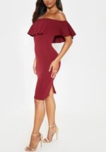 Elara Bardot Frill Hem Midi Dress - burgundy (4) model wearing burgundy off shoulder bardot dress with fitted midi length and elegant evening styling