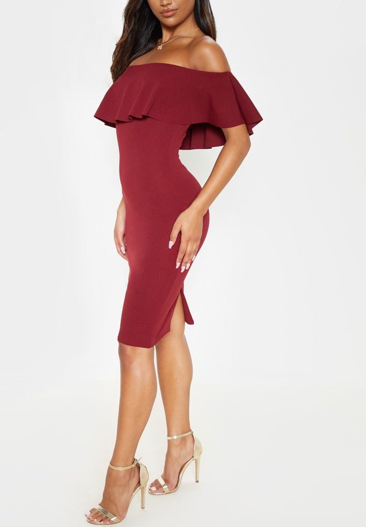 model wearing burgundy off shoulder bardot dress with fitted midi length and elegant evening styling