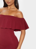 Elara Bardot Frill Hem Midi Dress - burgundy (5) front view of burgundy bardot midi dress with off shoulder frill neckline fitted style and side split hem
